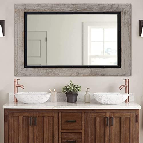 YOSHOOT Rustic Wooden Framed Wall Mirror, Natural Wood and Iron Bathroom Vanity by YOSHOOT