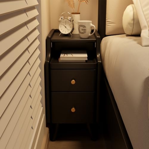 AQIMUELE Small Nightstand with Drawers, Solid Wood Bedside Table, Narrow Walnut - Image 6