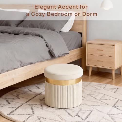 xuperbonus Small Ottoman with Storage, Folding Round Ottoman with Gold Trim - Image 6