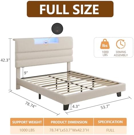 Full Bed Frame with Charging, LED Boucle Platform Bed - Image 2