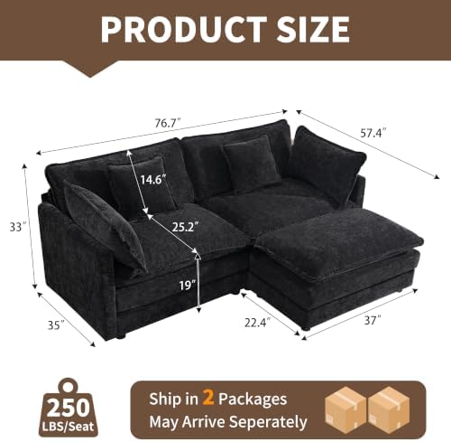 Tmsan 76.7" Black L Shaped Sectional Couch, Cloud Loveseat Sofa w/Ottoman - Image 2