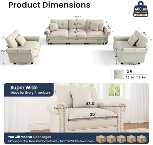 PHI VILLA Modular Sectional Sofa and Cloud Chair Set Living Room 3-Piece - Image 3