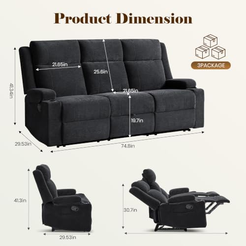 GUEAPY Reclining Sofa for Living Room, Flip-Down Center Backrest, 4 Cup Holders - Image 2