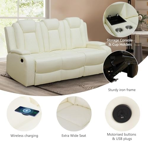 Cream White Power Recliner Sofa Set, Breathing Leather Reclining Couch Set - Image 4