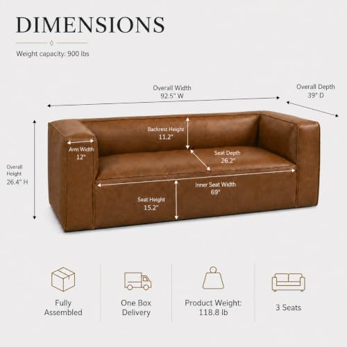 92.5-Inch Cognac Tan Genuine Leather Sofa, Modern 3-Seater Couch - Image 3