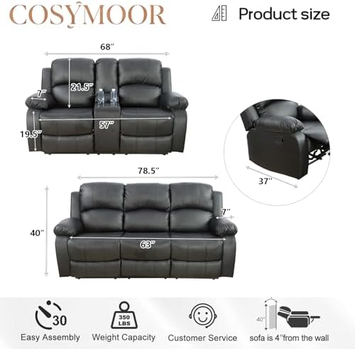 Manual Recliner Sofa Set for Living Room, Leather Reclining Sofa Sets, - Image 2