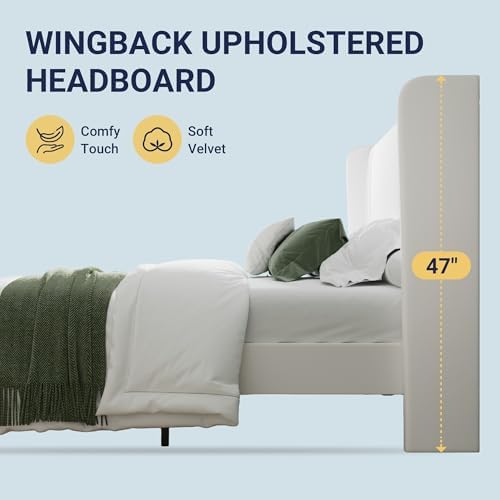 Allewie Queen Size Velvet Platform Bed Frame, Tall Wingback Headboard - Image 6