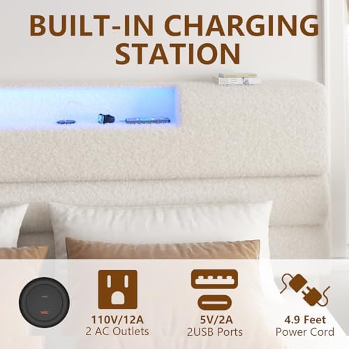 Full Bed Frame with Charging, LED Boucle Platform Bed - Image 5