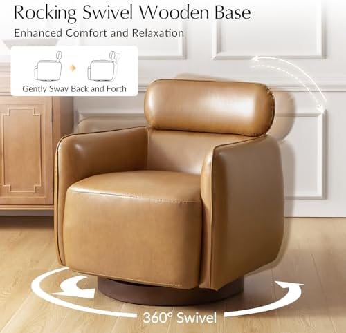 HULALA HOME Genuine Leather Swivel Rocker Chair, Swivel Rocking Barrel Chair - Image 3