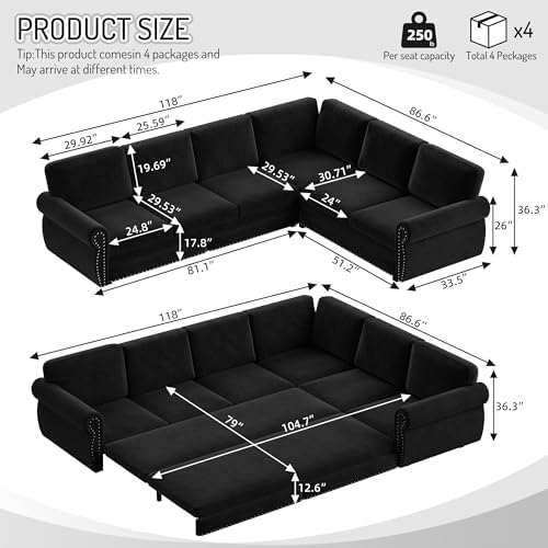 118" Chenille L-Shaped Pull-Out Sectional Chesterfield Sleeper Sofa - Image 2
