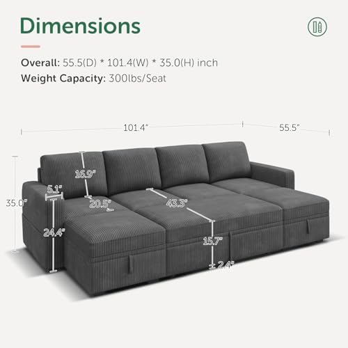 HONBAY Modular Sectional Sleeper Sofa Bed, Corduroy Pull Out Couch - Image 2