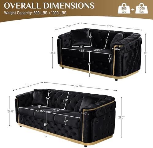 62.5"+84.6" Velvet Sofa Set, Chesterfield Tufted - Image 2