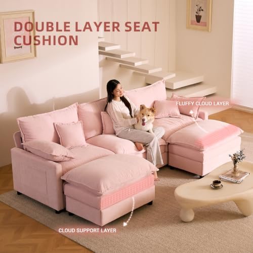 GOSUHI 108" U-Shaped Modular Cloud Couch, Deep Seat, Chenille Pink - Image 6