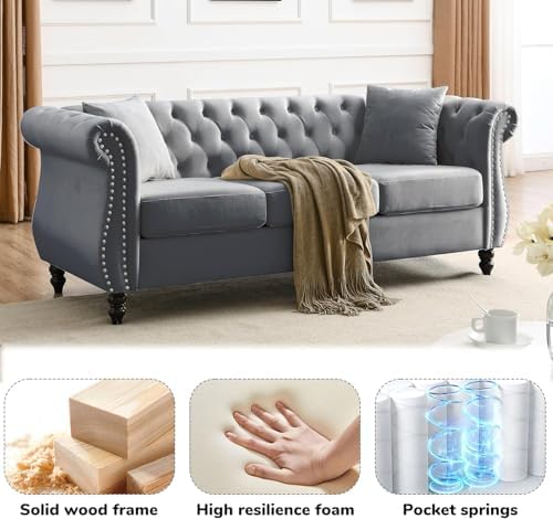 80" 2 Piece 3-Seater Velvet Chesterfield Sofa - Image 6