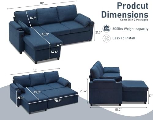 Sofa Bed Pull Out 2 in 1 Sectional Sleeper Sofa L Shaped Couch - Image 2