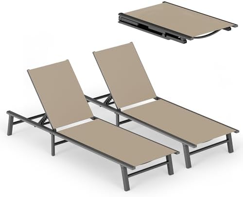 Ciokea Foldable Outdoor Lounge Chair Set of 2, No Assembly Aluminum Chaise by CIOKEA