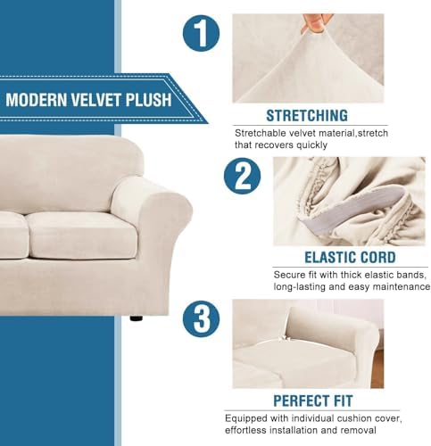 H.VERSAILTEX Real Velvet Plush 3 Piece Stretch Sofa Covers Couch Covers - Image 3