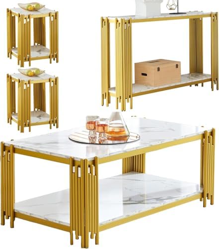 White Marble Coffee Table Set of 4, Faux Marble Coffee Tables, Luxury 4 Piece by Unknown