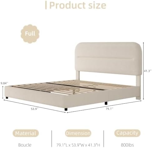HOMBCK Full Bed Frame, Cream Boucle Upholstered Platform Bed - Image 2