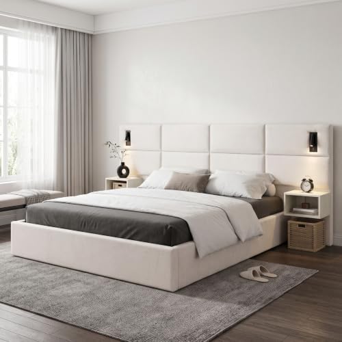 King Size Bed Frame with LED Lights and Floating Shelves, Modern Chenille - Image 7