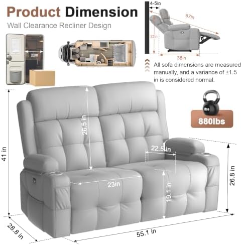 Reclining Loveseat Sofa, RV Loveseats Recliner Sofas Wall Hugger, Double - Image 2