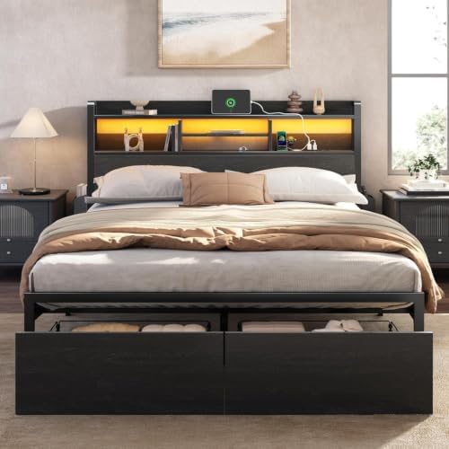 Furnulem Queen Bed Frame with Storage Headboard and LED Lights, 2 Drawers by Furnulem