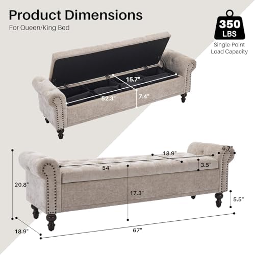 SOFTHION 67" Storage Bench for Bedroom, Chenille Upholstered, Light Brown - Image 2