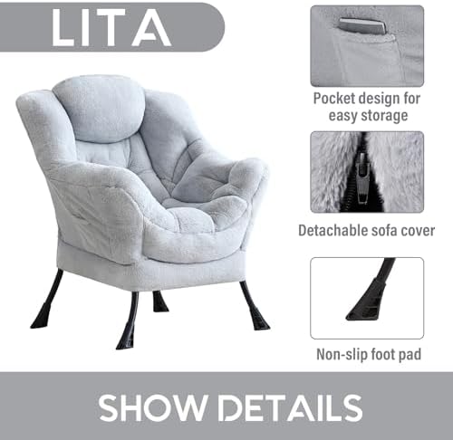 LITA Lazy Chair, Comfy Accent Reading Chair, Plush Grey - Image 4