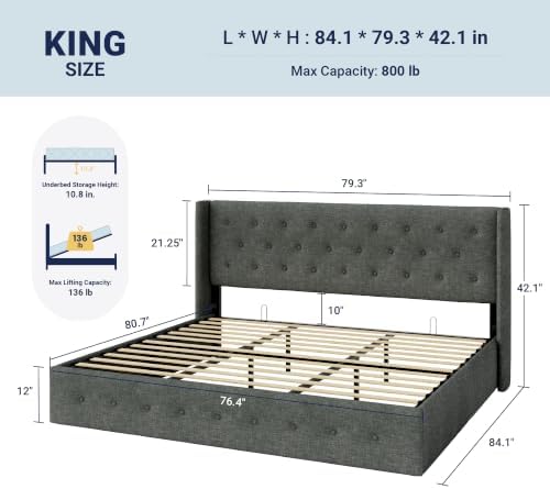 Allewie King Size Lift Up Storage Button-Tufted Bed Frame Dark Grey - Image 2