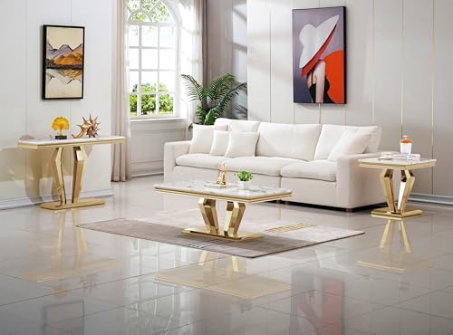Henf 4 Piece Living Room Table Set, Faux Marble Coffee Table & Console Table & - Image 2