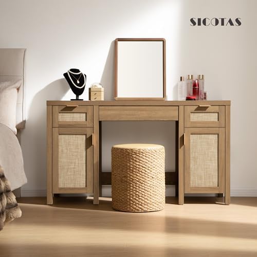 SICOTAS Rattan Vanity Home Office Desk 52" Vanity Table - Image 6