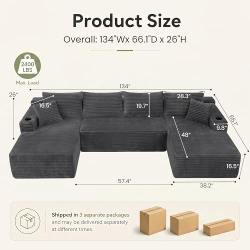 Yafylly 134" U Shaped Sectional Sofa - Image 2
