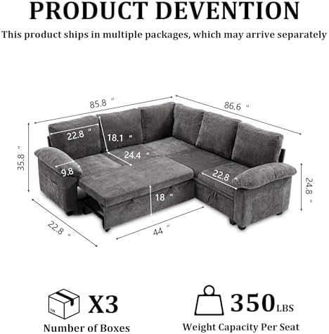 85'' Modular Sectional Sleeper Sofa, L Shape Pull Out Sofa Bed - Image 2
