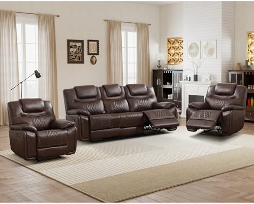 ANJ 3-Piece Manual Reclining Sofa Set, Premium Genuine Leather Reclining Sofas by ANJ