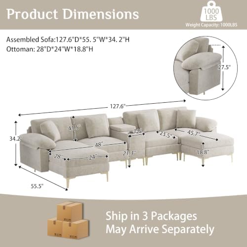 OUYESSIR 128" U-Shaped Shimmer Chenille Sectional Couch - Image 2