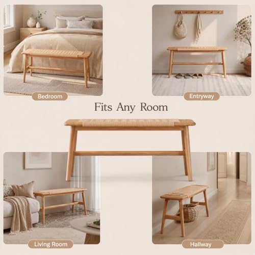 31.5'' Woven Dining Beach with 100% Solid Oak Wood Bench Frame, Hand Knitted - Image 5