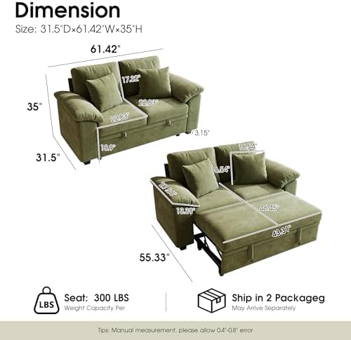 WorthFurni 61” Pull Out Couch, 2 in 1 Sleeper Sofa Bed - Image 2