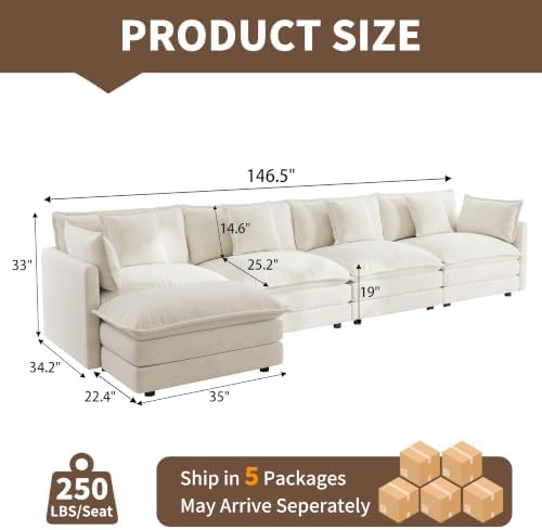 Tmsan 146.5" Oversized Modular Sectional Sofa, Large Deep Seat L Shaped - Image 2