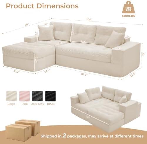 100" L Shaped Cloud Couch with Ottoman, Boneless Couches - Image 3