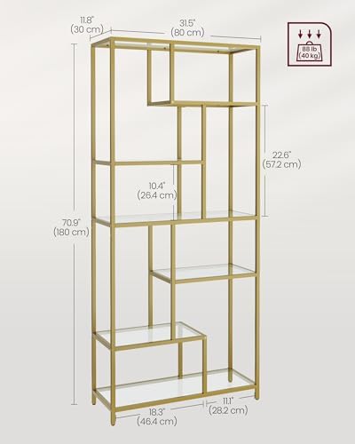 VASAGLE 6-Tier Bookcase, Slim Shelving Unit, Tempered Glass, Steel Frame - Image 5