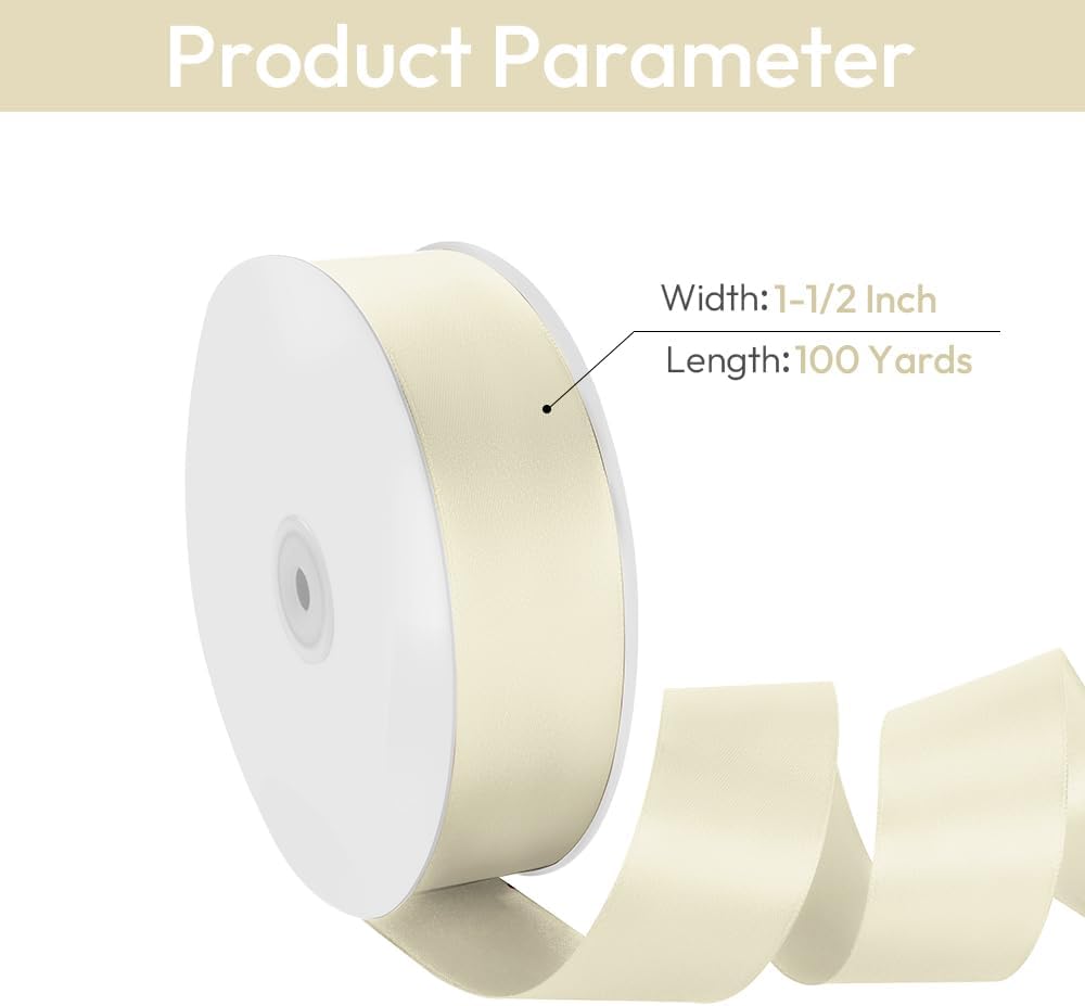 1-1/2" Width x 100 Yards Satin Ribbon, Ivory Ribbon Perfect for DIY Craft, Bows, Gift Wrapping, Flower Bouquet, Valentine's Day, Christmas and Party Decoration