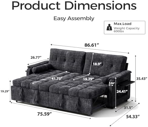 86'' Sleeper Sofa Bed with Side Table & Adjustable Backrest - Image 2