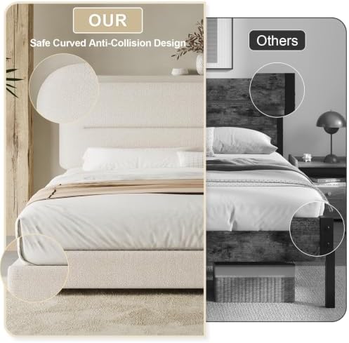 HOMBCK Queen Bed Frame, Cream Boucle Upholstered Platform Bed - Image 4