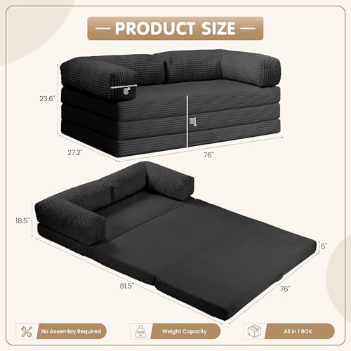 5-in-1 Convertible Sofa Bed, Corduroy Futon Couch Sleeper - Image 2