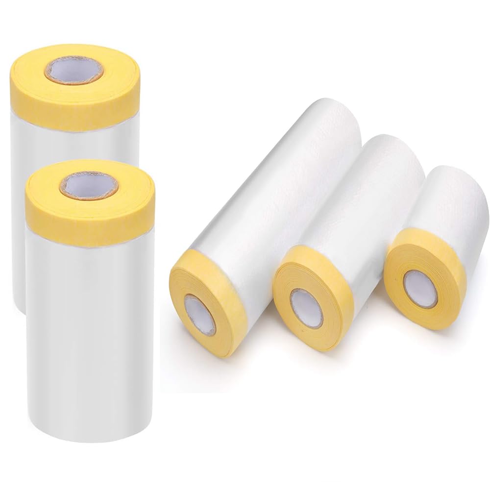 Pre-Taped Masking Film-70inx65ft Tape and Drape Painters Plastic Rolls, Plastic Painting Film for Automotive Painting Covering,Protective Drop Film for Furniture, Car, Floor (6rolls, 70in×65ft)
