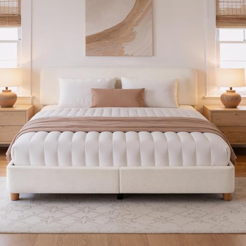 King Size Cloud Bed Frame, Boucle Wood Upholstered Platform Bed by BERRYNEST