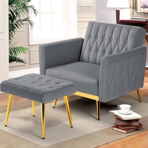 Velvet Accent Chair w/Ottoman & Adjustable Backrest - Image 2