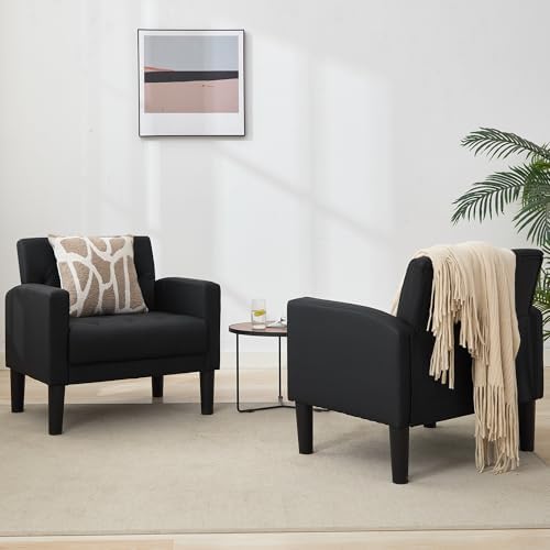 Black Leather Accent Chairs Set of 2, Tufted M-C-M Chairs - Image 6
