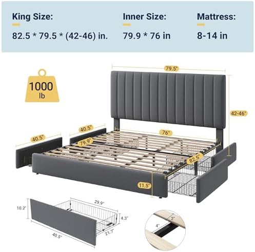 Allewie King Size Storage Bed Frame, Vertical Channel Tufted Adjustable - Image 2