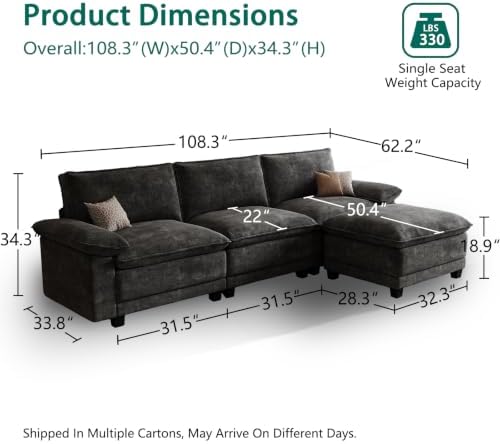108" Modular Sectional Couch, L Shaped Cloud Sofa - Image 2